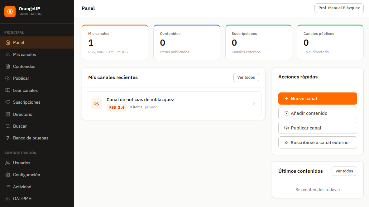 Interfaz de OrangeUP, demostrador de procesos de sindicación documental