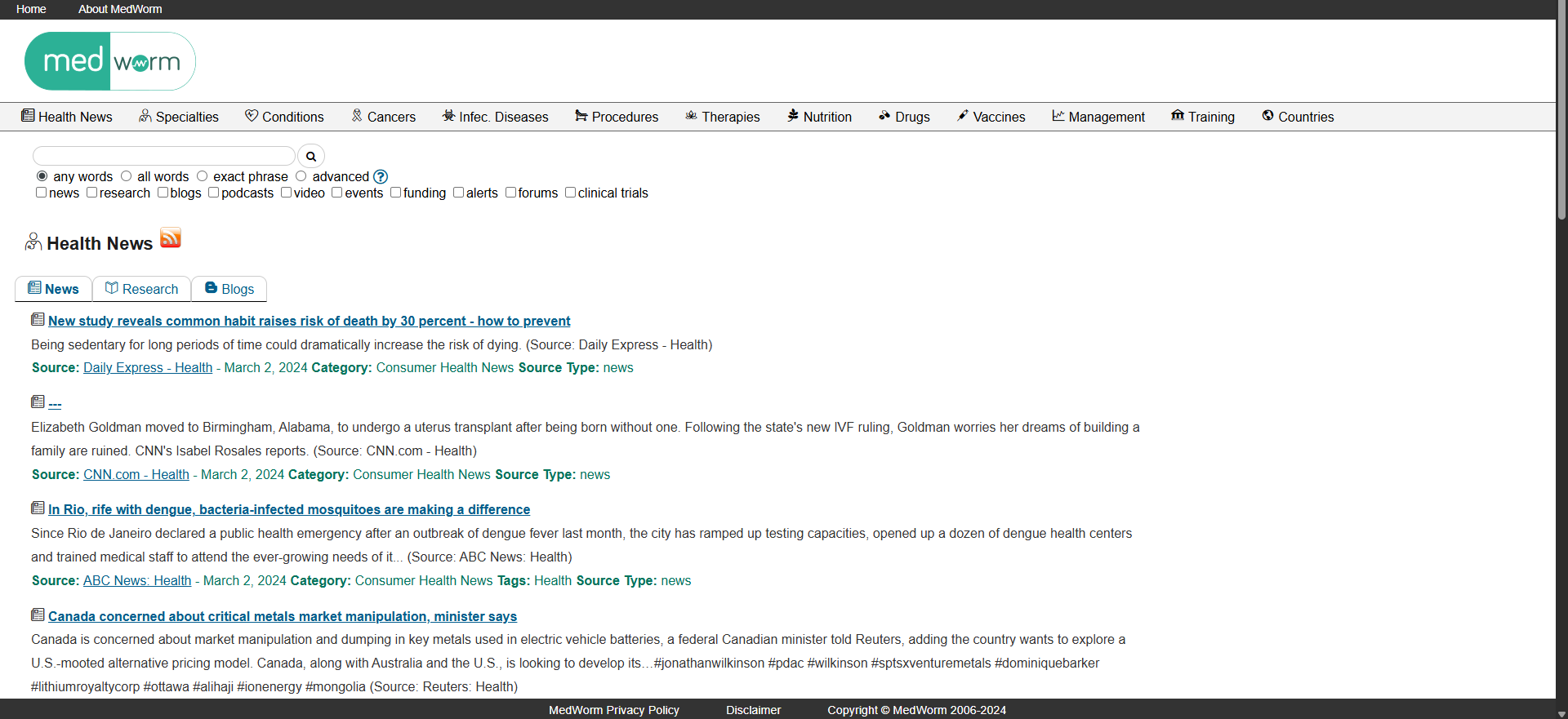 Interfaz de MedWorm, buscador especializado biomédico basado en sindicación de contenidos